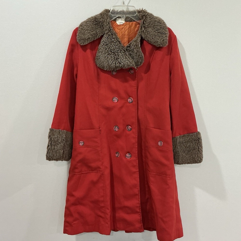 Vintage 70s Penny Lane Coat Faux Fur Trim Afghan Trench Boho Medium Orange Rust